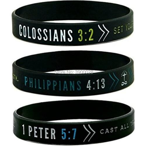 100pcs Power of Faith Bible Verse 1 peter Colossians Philippians 413 Silicone Bracelets wristband Christian Religious Gifts