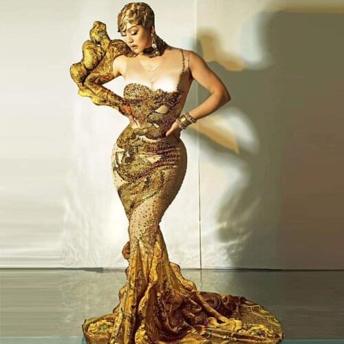 2 pieces Vintage mermaid dress sparkly rhinestone 3D print loong ruched wedding party designer dresses runway celebrity costumes