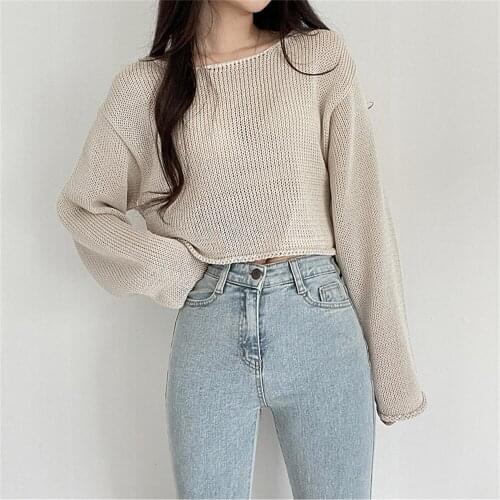 2021 Short Pullovers Sweaters Hot Girls Curl Sexy Solid Chic Autumn Knitwear Loose Sexy Full Sleeves Femme Tops