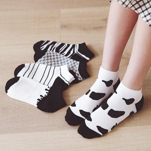 5 Pairs of 5 Colors Spring and Summer New Cotton Ladies Zebra Milk Short Socks Black and White Style Stripes Cute Panda Color