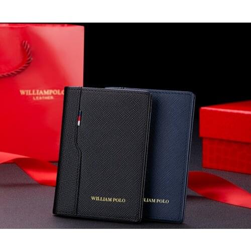WILLIAMPOLO Mens Wallet Leather Case Small Card Mini Short Vertical Cowhide Wallet Portable Wallet Male With Gift Box PL195227