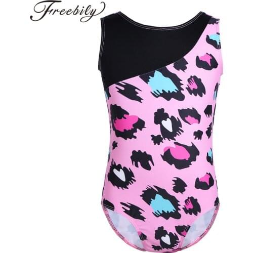 Kids Girls Sleeveless Leopard Print Splice Gymnastics Leotard Children Ballet Dance Workout Leotard Jumpsuit Swimming One-piece