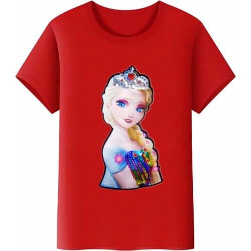 Disney Summer Cartoon Color Frozen Princess Elsa Sequin Girl Light-up LED T-shirt Pure Cotton Short Sleeve Top