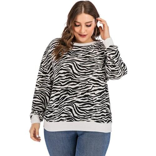 DOIB Women Zebra Print Sweatshirt Plus Size Round Neck Patchwork Hoodie Sweatshirt Autumn Loose Casual Sweatshirt 4XL
