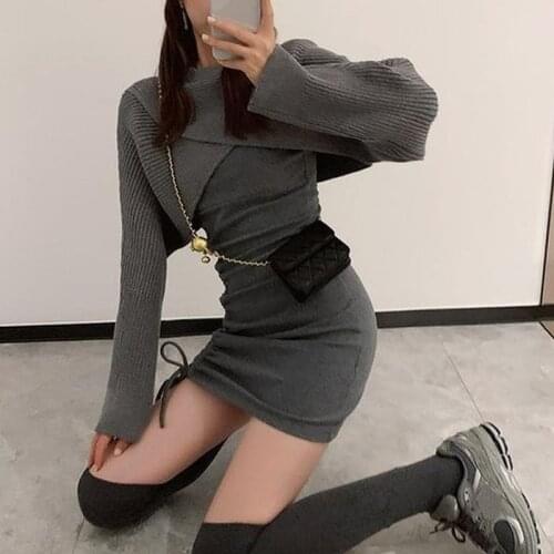 Elegant Vintage Knitted Dress Women Casual Long Sleeve Slim Y2k Mini Dress Female Solid Party One Piece Dress Korean 2021 Spring