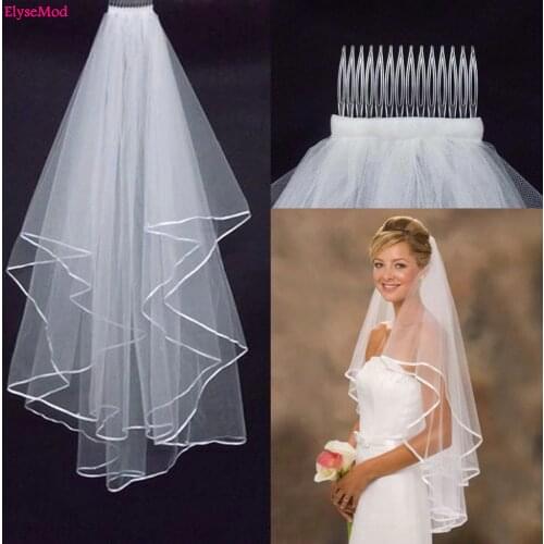 Wedding Simple Tulle White Ivory Two Layers Bridal Veils Ribbon Edge Cheap Bride Accessories 75cm Short Women Veil With Comb