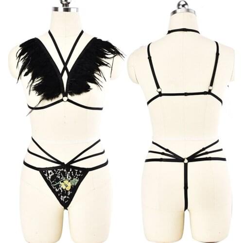 JLX.HARNESS 11.11Pastel Goth Feather Sexy Lingerie body harness Set&liguero Goth Embroidery Lace G-string Elastic Fetish Panties