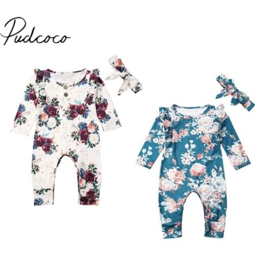 2019 Baby Spring Autumn Clothing Newborn Baby Girl Clothes Fly Long Sleeve Flower Romper Jumpsuit Headband 2Pcs Set Outfit