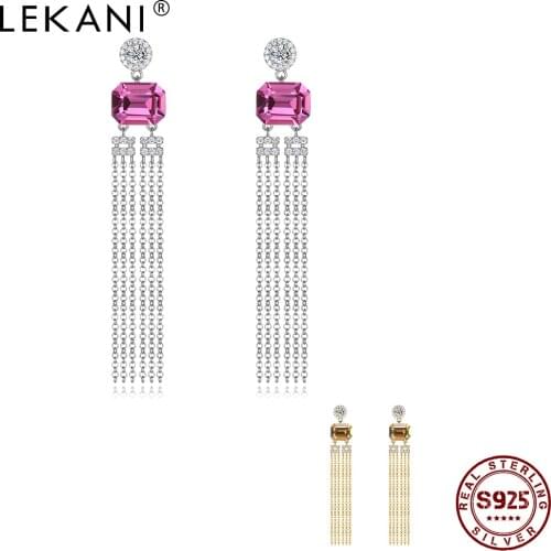 LEKANI 925 Sterling Silver Geometric Drop Earrings For Women Austria Crystal Tassel Earring Anniversary Fine Jewelry New Arrival