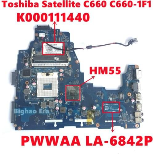 K000111440 For Toshiba Satellite C660 C660-1F1 Laptop Motherboard PWWAA LA-6842P Mainboard HM55 DDR3 100% Fully Tested