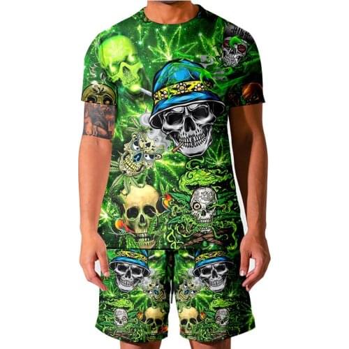 2021 Summer New Men Casual Green Skull Shorts Sets Printing T-shirt + Shorts 2-piece Suit Fashion Sportswear Tracksuit Men 5XL