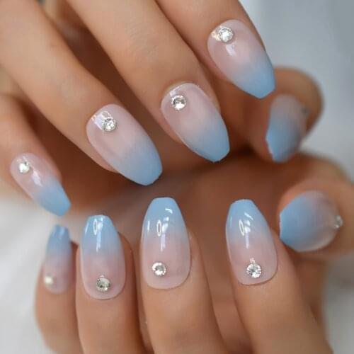 Ombre Press On Nails With Designs Nude Blue Rhinestone Fake Artificial Nails Short Coffin Square False Nail Tips Single Crystal