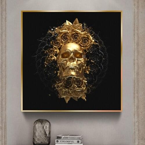 Golden Skull With Black Flower Canvas Wall Painting Poster And Prints Abstract Totem Art Picture For Living Room Home Decoration