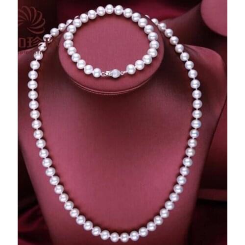 Charming 9-10 mm round white pearl necklace& bracelet 8"set