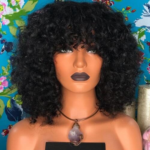 Deep Curly Hair Non Lace Front Wig For Women Full Machine Made Human Hair Wigs With Bangs Short Brazilian Hair Bob Wig Wet Wavy