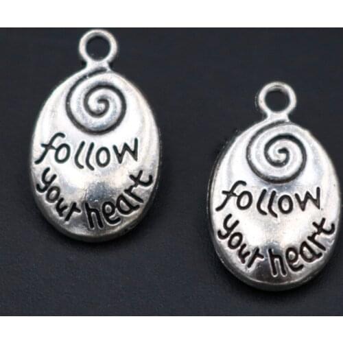 WKOUD 6pcs Oval FOLLOW YOUR HEART Drops Charms with Swirl Inspirational Charm Jewelry Supplies Metal Pendant 20*13mm A528