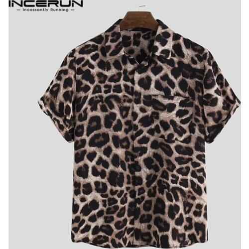 Casual Leopard Printed Men Shirt Short Sleeve Party 2021 Camisa Lapel Summer Fashion Mens Hawaiian Shirts Streetwear INCERUN 5XL