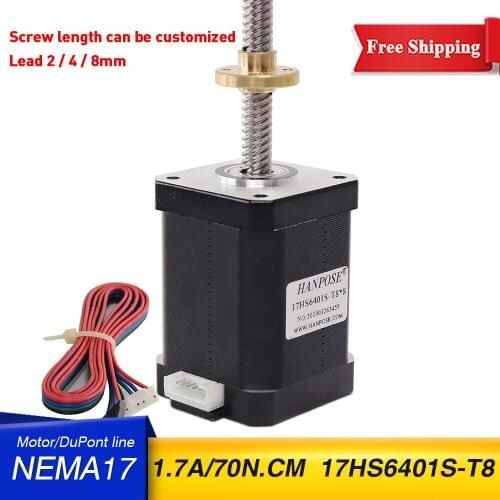 Free Shipping 1PCS stepper motor nema17 with T8 screw lead 2/4/8mm 300mm 42 motor 1.8A 70N.cm 17HS6401S-T8 motor for 3D Printer