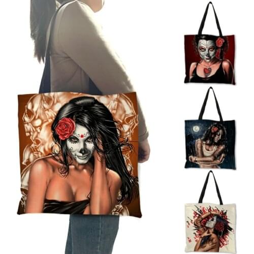 Shoulder Bag For Women 2020 New Dia De Los Muertos Skull Girl Print Shopping Tote Bags Multi Use Large Capacity B13120