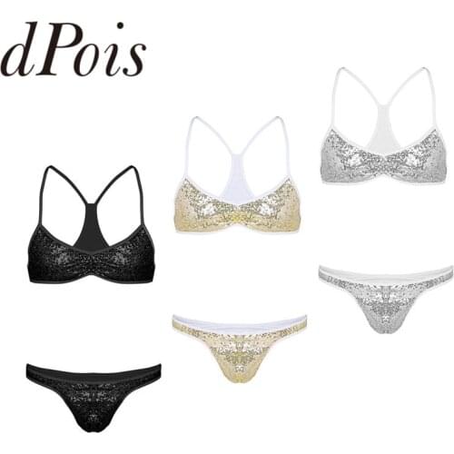 Male Mens Sequin Bikini Bra and Briefs Shiny Sexy Lingerie Set Underwear Gay Sissy Spaghetti Strap Bralette Panty Men Swimwear