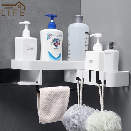 Household Bathroom Corner Shelf 4 Hooks Towel Bar 180° Rotating Large Capacity Shampoo Holder No Punching Kitchen Seasoning Rack