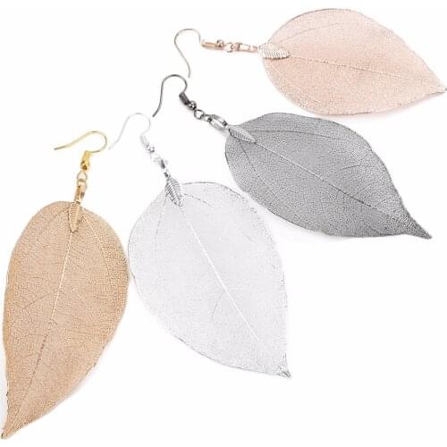 Vintage Silver Plated Rose Gold Metal Leaves Drop Earrings Long Big Drop Statement Earrings For Women 2019 Summer Boho Jewelry