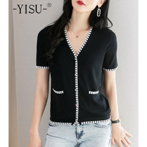YISU 2021 New Cardigan V-Neck Coat Short sleeve Sweater Summer Top Thin Simple Pocke Femalet Knitted Coats Woman clothing