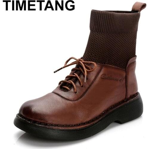 TIMETANGWomens shoes 2021 autumn and winter new high-top riding boots womens lace retro top layer cowhide shoes women