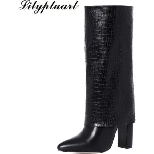 2021 fashion Women Boots Flock Leather Heel Womens Boot Autumn Winter Loose Shoes Female Black Booties knee high Boots 34-42