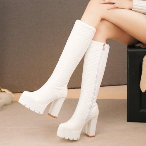 Black White Winter Women Boots Fashion Platform Thick High Heel Knee High Boots Zipper Autumn Long Boots Shoes 2021