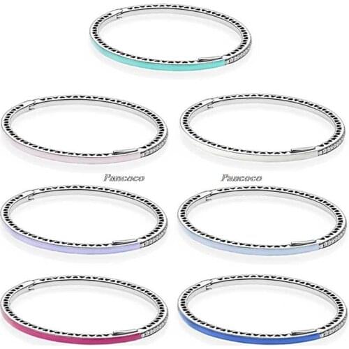 Authentic 925 Sterling Silver Bangle Enamel Radiant Hearts With Cubic Zirconia Bracelet Fit Women Bead Charm Fashion Jewelry