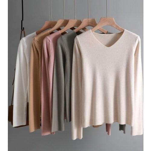 Chic casual Autumn Winter Basic Sweater pullovers Women v-neck Solid Knit Slim Pullover female Long Sleeve warm Khaki Sweater