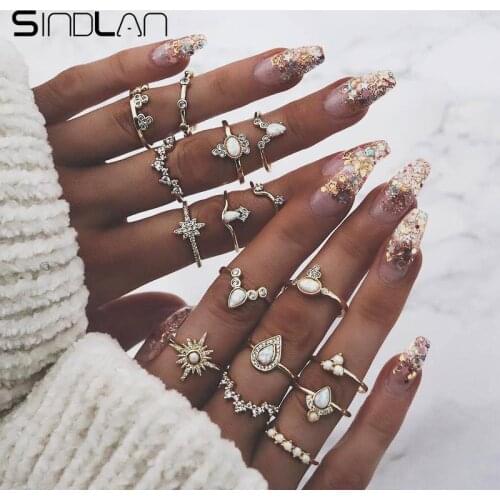 Sindlan 16PCs European Rings Set for Women Bohemia Gem Joint Ring Gold Crystal Ring Crown Waterdrop Vintage Finger Jewelry