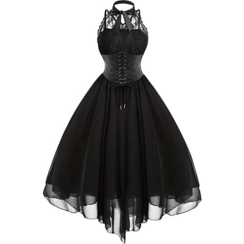 Women Black Gothic Punk Vintage Party Dresses Sleeveless Cross Back Retro Lace Panel Chiffon Solid Corset Swing Dress Vestidos