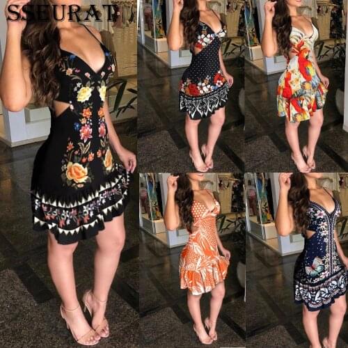 SSEURAT Sexy Womens Sleeveless Floral print Strap Dresses New Ladies Print V-Neck Summer Mini Vacation Dress