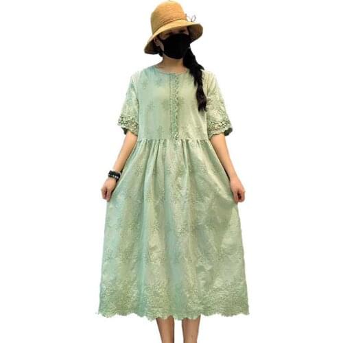 Vintage Women White Embroidered Dresses A Line Slim Ladies Elegant O Neck Hollow Out Casual Cotton Summer Dress