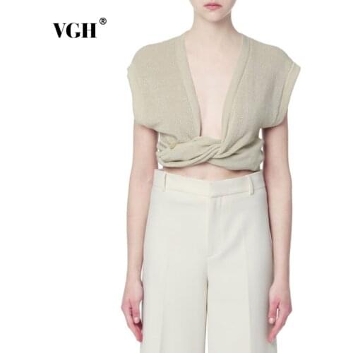 VGH Apricot Knitted Elegant Vests For Women V Neck Sleeveless Short Sexy Minimalist Tank Tops Female 2021 Korean Fashion Clothes