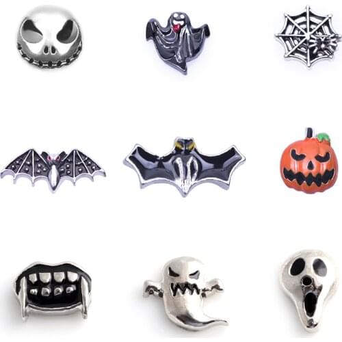 20Pcs/Lot Halloween Ghost Pumpkin Bat Spider Net Alloy Floating Charms Hand-made DIY for Glass Lockets