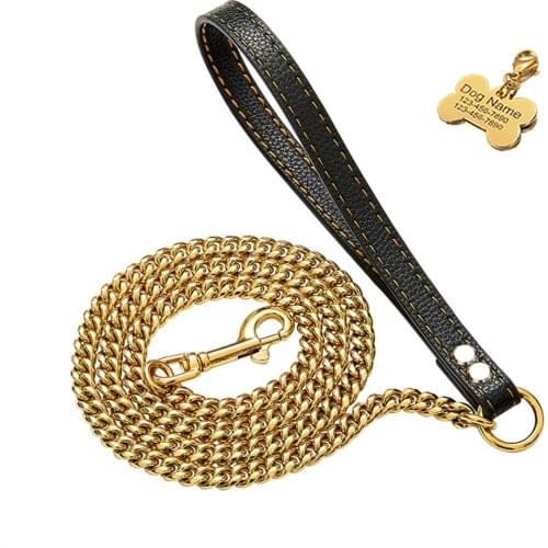 18K Gold Plated Dog Chain Leash with Leather Handle 10MM Wide 316L Stainless Steel Collar for Husky Small Medium Large Dogs