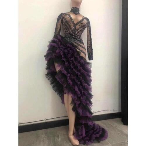 European Court Asymmetric Crystal Mesh Tiered Dress Women Rhinestone Party Evening Long Dress Singer Latin Dance Stage Costumes