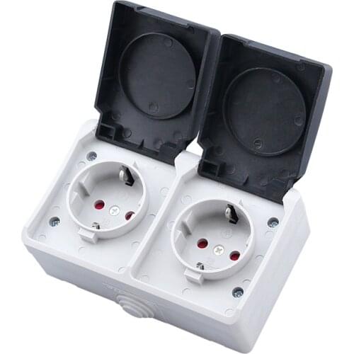 IP44 Weatherproof Waterproof Outdoor Wall Power Socket 16A Double EU Standard Electrical Outlet Grounded AC 110~250V