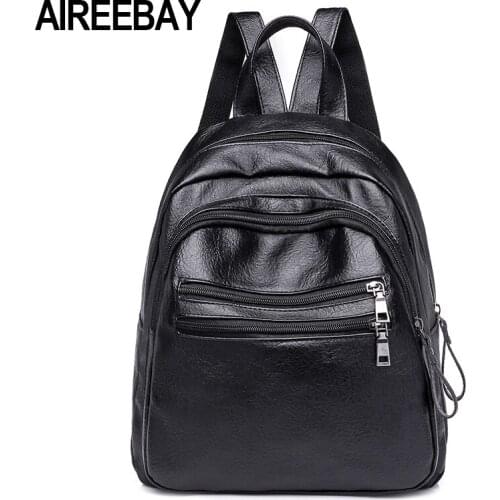 AIREEBAY Small Women Backpacks Japanese and Korean style Female School Bags For Teenage Girls Black PU Leather Women Backbags