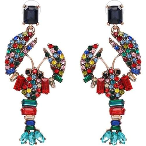 2020 Fashion Jewelry New Long Crystal Rhinestone Lobster Pendant Stud Earrings Brincos Vintage Animal Earrings For Women Girls