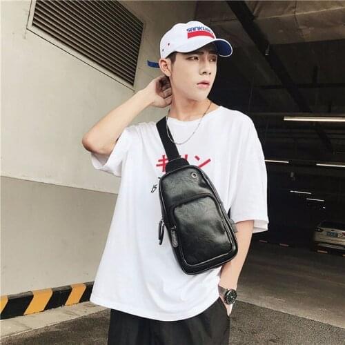 Men PU Leather Chest Sling Bag Shoulder Cross Body Zipper DayPack Travel Cycling Satchel With Headphone Hole & USB Charging Port