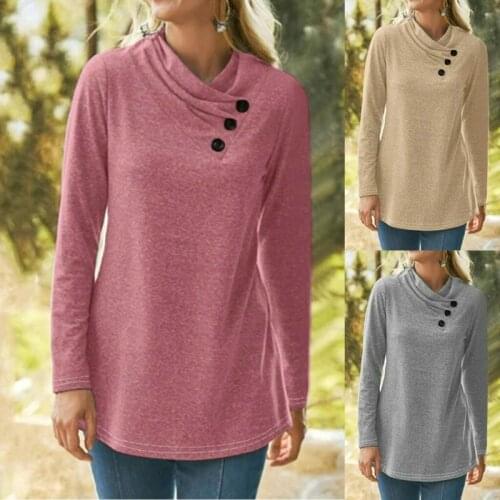 Autumn Winter Long Sleeve Casual Blouse Women Button Plain Shirt Stand Collar