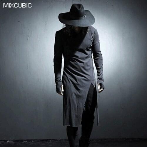 MIXCUBIC Autumn costumes Nightclubs Burrs Shear breaking t shirt men white casual Long section t-shirts male tshirt size M-XL