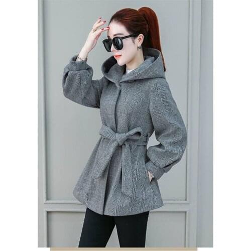 Woolen Overcoat womens new autumn winter clothing long-sleeved hooded slim solid color thick warm All-match Outwear D289