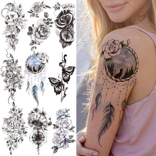 Sexy Dreamcatcher Temporary Tattoo For Women Girls Fake Butterfly Snake Compass Tattoos Sticker Flower Skull Tatoos Half Sleeve