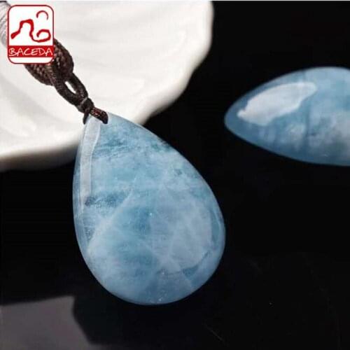 BACEDA March Relieve stress Natural Aquamarine Necklace Crystal Pendant Ice-shaped Water Drop-shaped Couple Jewelry Gift