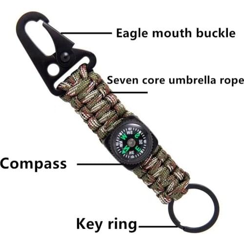 Outdoor Paracord with Compass Car EDC Keychain Climb Keychain Tactical Survival Tool Carabiner Hook Cord Backpack Buckle